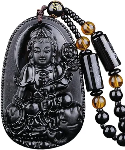 Vista 7 de Collar de Buda, collar de obsidiana negra para mujer, dije de Buda de buena suerte, cadena larga de cuentas que imita el budismo de jade, joyería