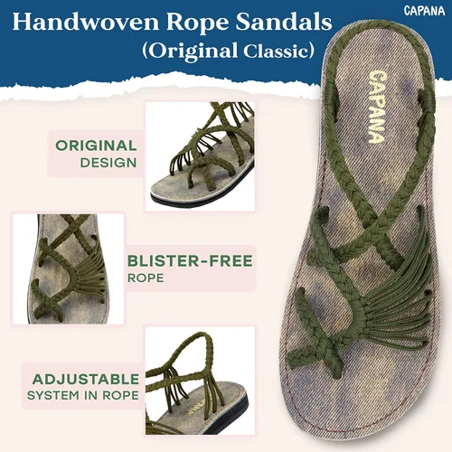Vista 3 de Capana Sandalias planas tejidas para mujer, sandalias trenzadas con tiras, sandalias de playa para mujer, sandalias bohemias de cuerda, zapatos