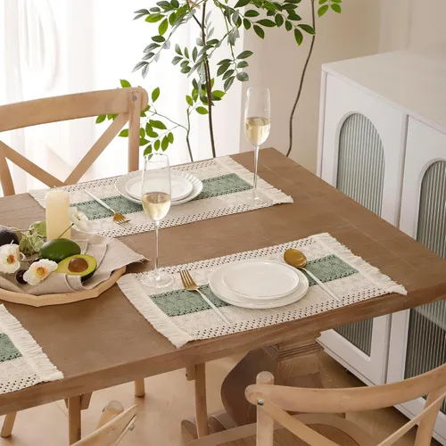 Vista 3 de Juego de 4 manteles individuales verdes de macramé para decoración de mesa con flecos, manteles individuales tejidos de arpillera natural para mesa