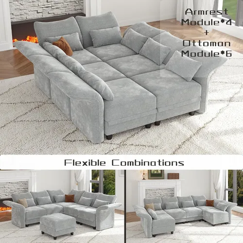 Vista 4 de LLappuil Sofá Seccional Modular de 6 Piezas para Sala de Estar de Chenilla con Sofá Cama Seccional con Chaise Reversible, Reposabrazos y Respaldo