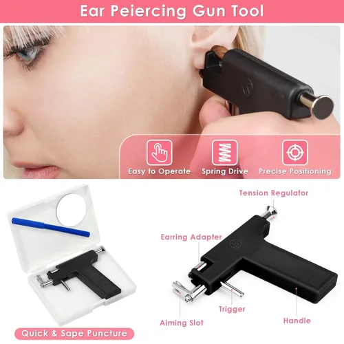 Vista 2 de Kit Profesional de Pistola para Perforación de Orejas, Pistola de Perforación Reutilizable con Aretes de Acero Inoxidable para Perforación, Aretes