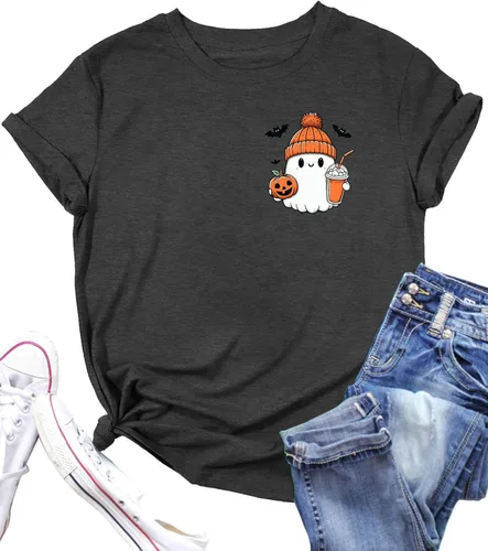 Vista 17 de Woffccrd - Camisetas divertidas con estampado de calabaza y leopardo para mujer, camisetas gráficas de manga corta de Halloween para mujer
