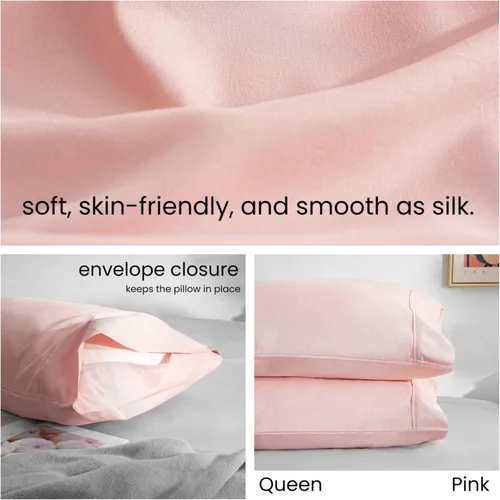 Vista 2 de Juego de 2 fundas de almohada tamaño Queen, color rosa, cierre de sobre, fácil ajuste para todas las estaciones, material suave y transpirable