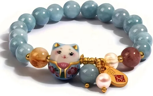Vista 8 de Pulsera de gato de la suerte con cristal azul, colgante de gato de cerámica, joyería de buena suerte Feng Shui para mujer, pulsera de riqueza