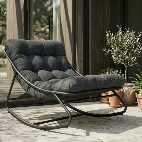 Vista 10 de Silla mecedora para exteriores Grand Patio, mecedora de salón de metal con cojín grueso, balancín moderno y cómodo para patio, porche, terraza, Beige