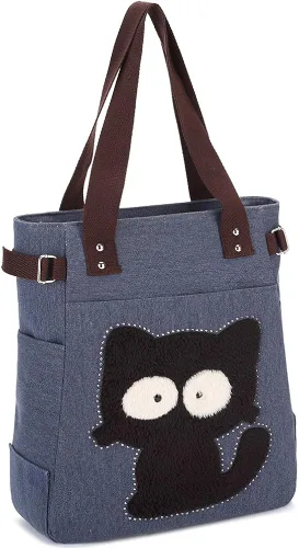 Vista 3 de KAUKKO Women Canvas Handbag Shoulder Bag Cat Big Tote Bag