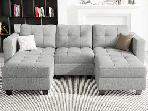 Vista 10 de Belffin Sofá modular modular con otomana de almacenamiento, sofá moderno en forma de L de tela con diván para espacios pequeños, azul