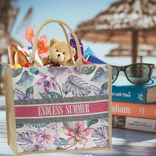 Vista 2 de JNF Bolsa de playa de yute para mujer, bolsa de arpillera con cremallera, reutilizable, con asa