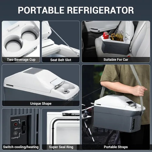 Vista 5 de Refrigerador portátil para automóvil de 9 cuartos de galón, capacidad de 9 litros, refrigerador de 12 V, enfriador eléctrico, enfriador/calentador