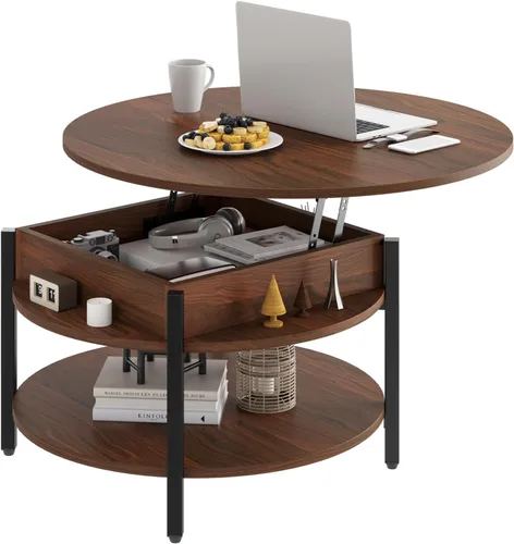 Vista 12 de FABATO Mesa de Centro Redonda con Tapa Elevable con Almacenamiento y Compartimento Oculto, 26.77'' Mesa de Centro Estilo Granja para Sala de Estar