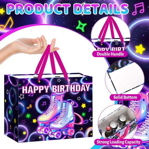 Vista 4 de Patinaje sobre ruedas para decoración de cumpleaños, bolsa de regalo de cumpleaños con papel de regalo y tarjeta, bolsa de papel grande y colorida