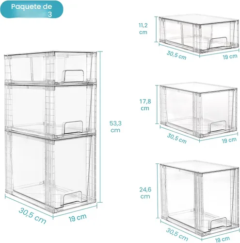 Vista 3 de Vtopmart Paquete de 3 cajones de almacenamiento apilables transparentes, organizadores de baño fáciles de montar y almacenamiento con asas, cajones