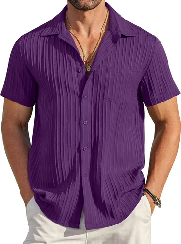 Vista 38 de COOFANDY - Camisas de botones casuales para hombre, de manga corta, con textura, camisa de playa de verano con bolsillo