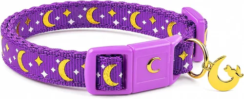 Vista 15 de waaag - Collar de seguridad para gato, con diseño de lunas y estrellas doradas, brilla en la oscuridad