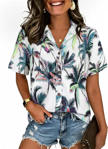 Vista 43 de LILYCHIC Camisas hawaianas de verano con botones de coco para mujer, camisas suaves con botones de manga corta A-hoja floral negra