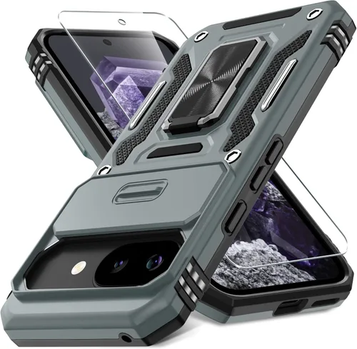 Vista 16 de DEERLAMN Funda para Google Pixel 8 con cubierta deslizante para cámara + protector de pantalla (1 paquete), soporte de anillo giratorio grado