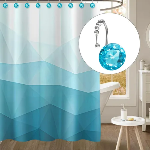 Vista 3 de Sunlit Diseño de Lujo Redondo Aqua Azul Diamante Cristal Gema Bling con Bolas Deslizantes Ganchos para Cortina de Ducha, Anillos para Cortina