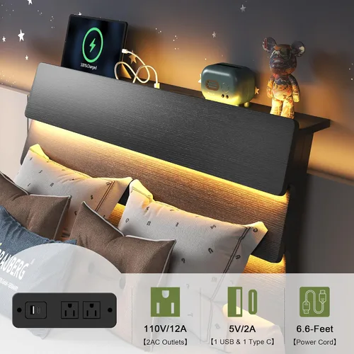 Vista 4 de Feonase Base de cama flotante individual con luces LED y estación de carga, marco de cama de madera tamaño individual con cabecera
