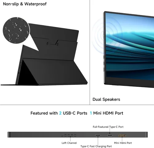 Vista 5 de memzuoix Monitor portátil de 15 pulgadas FHD 1080P 100% sRGB HDR IPS USB-C y HDMI para juegos/Mac/PS5 Pantalla de viaje de 1.4 libras con Negro