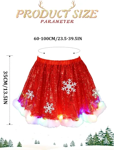 Vista 3 de REETAN Falda de lentejuelas de Navidad iluminada con copo de nieve, falda de vientre de Navidad brillante para mujeres y niñas, color rojo, Rojo
