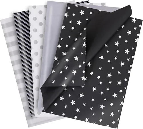 Vista 20 de BEISHIDA 100 hojas de papel de seda blanco y negro a granel, rayas de sarga y puntos, estrellas para bolsas de regalo, papel de regalo de 14 x 20