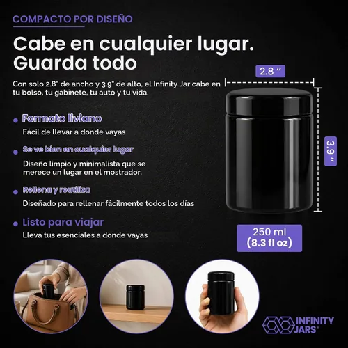 Vista 7 de Infinity Jars – Tarro de 250 ml (8.3 fl oz) alto negro ultravioleta rellenable de cristal con tapón de rosca