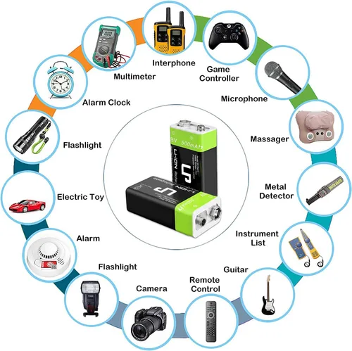 Vista 7 de LP Paquete de baterías recargables de 9V, paquete de 2 unidades, 800mAh de iones de litio, 9 voltios, batería USB con puerto de carga Micro USB