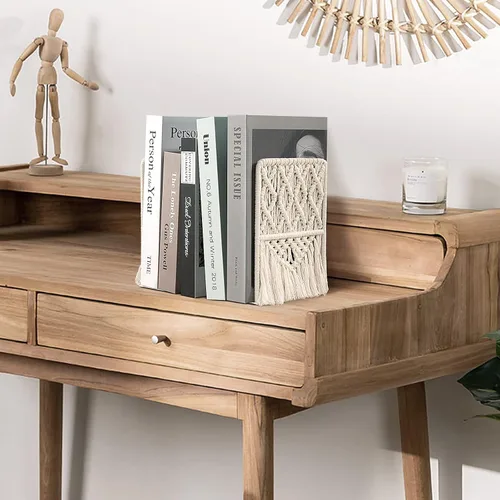 Vista 5 de AELS Sujetalibros de macramé bohemio con borlas, extremos de libros de metal resistente, soportes decorativos únicos para estantes, tapón
