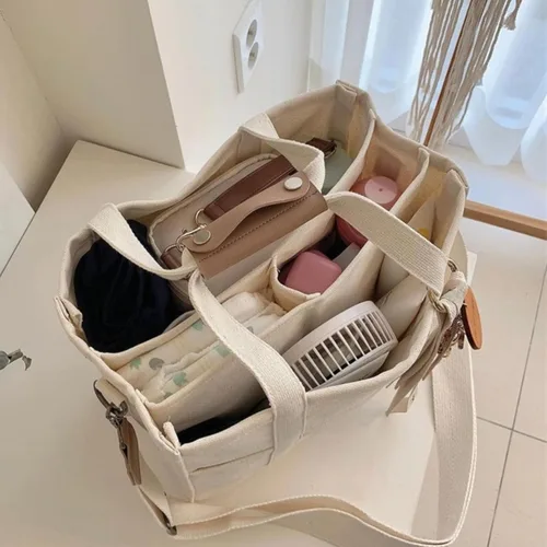 Vista 4 de Bolsa de lona con múltiples bolsillos para mujer, bolsa cruzada duradera de gran capacidad, bolsa de hombro práctica casual con compartimentos