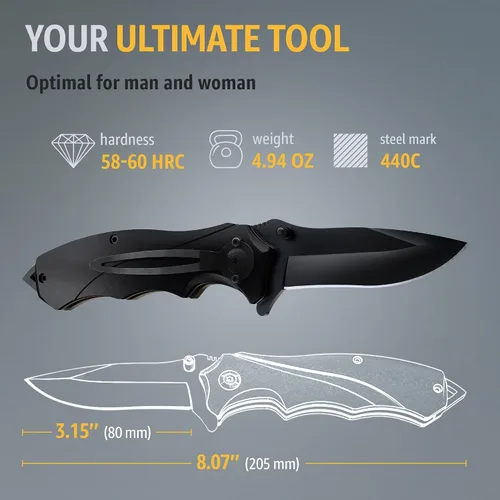 Vista 5 de Navaja táctica Grand Way para hombres - Navaja de bolsillo negra - Mejor navaja asistida por resorte con rompevidrios y clip de bolsillo - Navajas