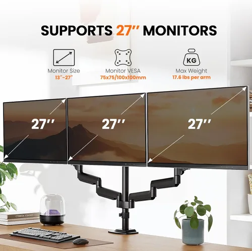 Vista 2 de ErGear Soporte de monitor triple para pantallas de 13 a 27 pulgadas, monitores triples de aluminio de alta calidad que soportan hasta 17.6 libras