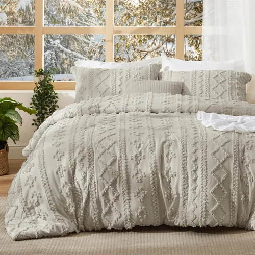 Vista 39 de Bedsure Juego de edredón bohemio copetudo, tamaño individual, juego de cama bohemio azul pizarra, GentleSoft™ 2 piezas de ropa de cama bordada