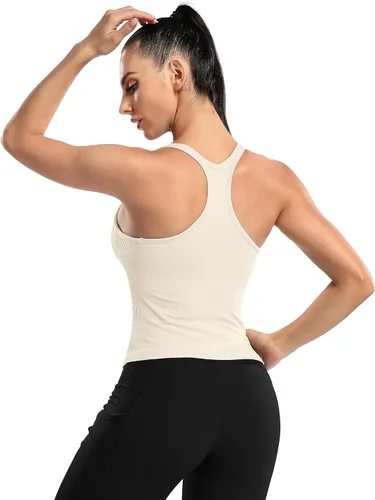 Vista 65 de ATTRACO Camiseta corta acanalada de entrenamiento para mujer con brasier integrado para yoga, espalda cruzada, ajuste ajustado