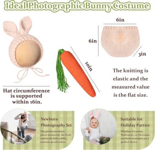 Vista 3 de KHC-KHF Disfraz de fotografía para recién nacido, traje de conejito para sesión de fotos, traje de conejito de ganchillo, accesorios de fotografía