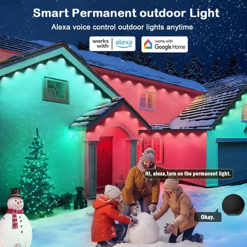 Vista 7 de iYogaled Luces exteriores permanentes para casa, 50 pies de luces de borde exterior inteligentes RGB con 63 modos de escena, luces LED impermeables