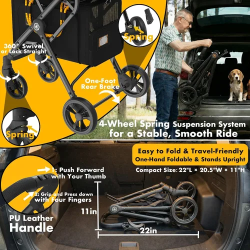 Vista 6 de PAWZIDEA Carriola doble para mascotas con 2 portamascotas desmontables, jaula portátil para perros para viajes en automóvil y porta gatos expandible
