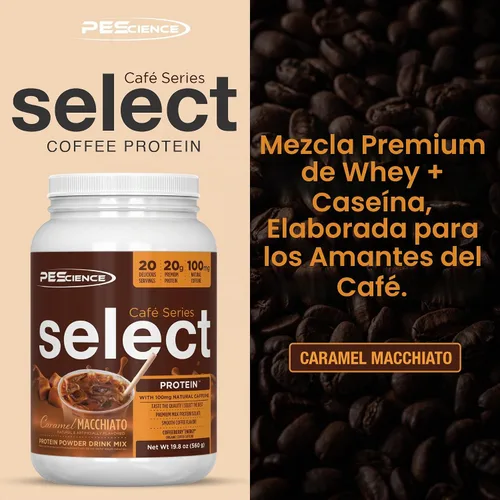 Vista 2 de PEScience Select Cafe Protein Café en polvo, Caramel Macchiato, 20