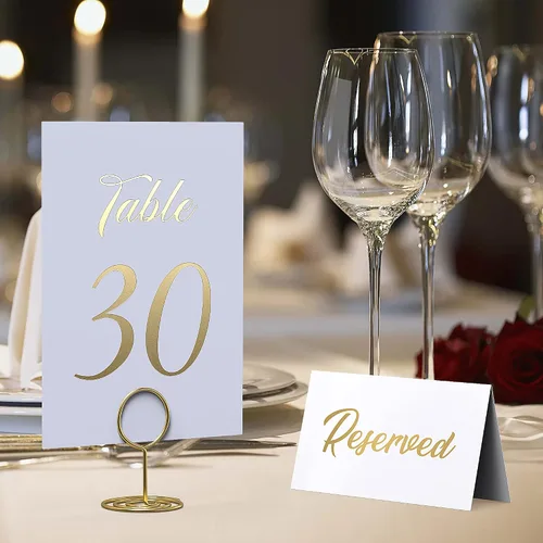 Vista 4 de Paquete de 10 letreros de mesa reservados dorados y números de mesa dorados del 1 al 30 para bodas, recepciones, fiestas, restaurantes, números