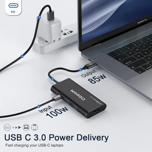 Vista 4 de USB C Hub, Adaptador QGeeM de USB 4k a HDMI, Dongle USB-C 7 en 1 con 100W PD, USB 3.0, Lector de Tarjetas, Compatible con MacBook, iPhone 15/17