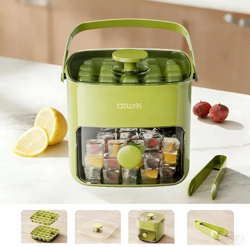 Vista 2 de Bandeja compacta para cubitos de hielo con tapa y contenedor, mini máquina de cubitos de hielo tipo prensa para congelador, cubo de hielo pequeño