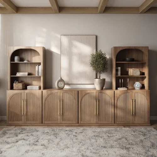 Vista 35 de BELLEZE Centro de entretenimiento modular de 4 piezas con almacenamiento, 2 vitrinas de madera moderna con gabinete arqueado y 2 armarios de puerta