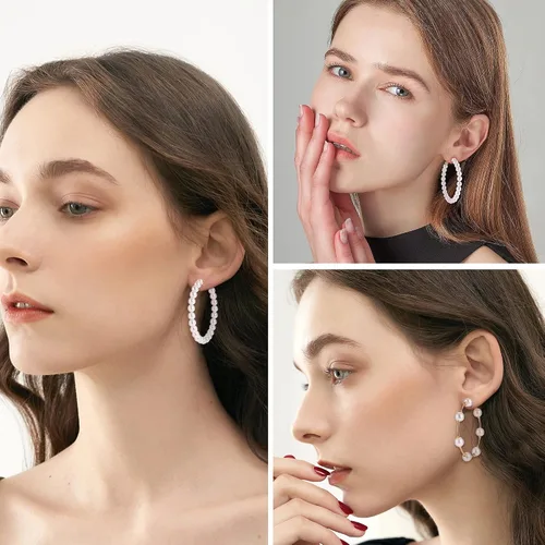 Vista 6 de UBGICIG 13 pares de aretes de perlas para mujer, aretes de aro de perlas ligeros, aretes de perlas circulares, aretes colgantes largos de perlas