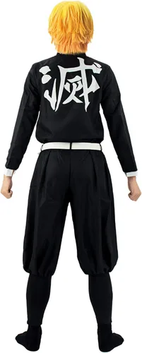 Vista 4 de C-ZOFEK Disfraz de cosplay para hombre, talla estadounidense, kimono Haori, uniforme negro con cinturón