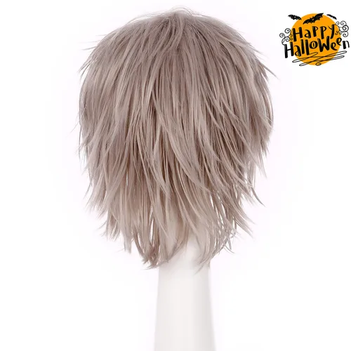 Vista 3 de Benehair Pelucas cortas de cosplay de 12 pulgadas, pelucas cortas de anime para cosplay, peluca sintética esponjosa para hombres y mujeres