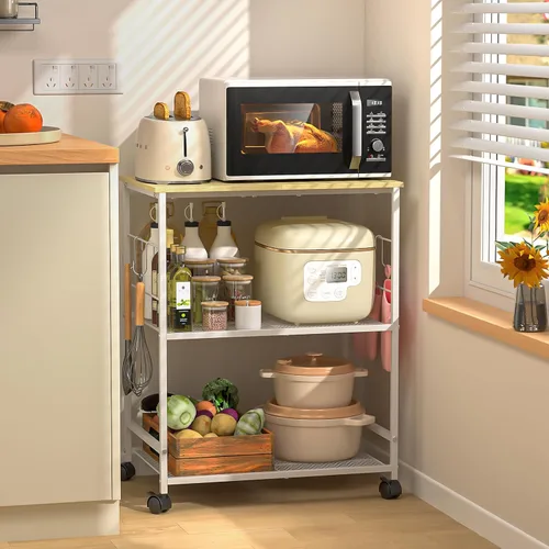 Vista 8 de ThreeHio Carrito de microondas de cocina rodante, soporte de mesa de microondas de 3 niveles con almacenamiento, carrito de cocina con ruedas