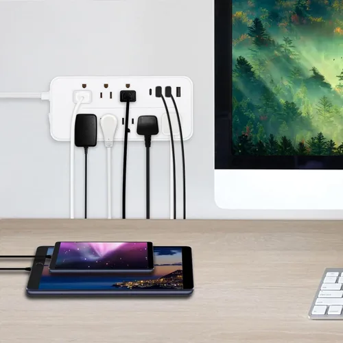 Vista 7 de Protección contra sobretensiones de 5 pies con cable plano de extensión, regleta de alimentación con enchufe plano listada por ETL, 8 tomas de CA, 4