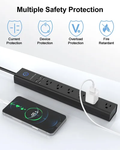 Vista 5 de Paquete de 2 cables de extensión de 6 pies de largo con protección contra sobretensiones de enchufe plano 6 Outlets 4 USB Ports, Power Strips with