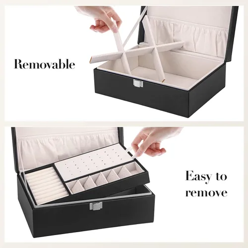 Vista 5 de COOYUY Joyero para mujeres niñas esposa regalo ideal organizador de joyas de doble capa aretes pulseras anillos collares piel sintética y terciopelo