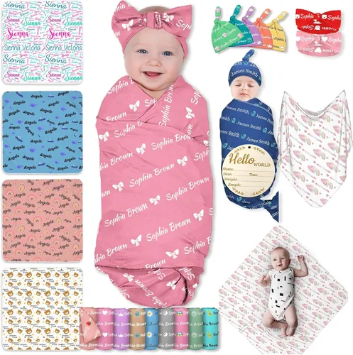 Vista 8 de Manta personalizada para bebés y niños, manta con nombre personalizado para recibir con diadema de lazo y sombrero, artículos personalizados