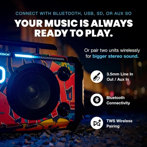 Vista 5 de Bumpboxx Flare8 Pro Bluetooth Boombox, NYC Graffiti, 2 micrófonos Graffiti de Nueva York